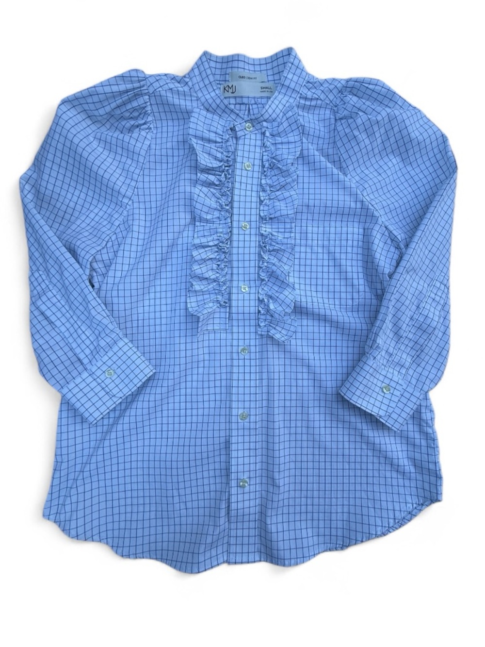 KMJ Cleo Blue Plaid Check Ruffle Button-Down Shirt Size Small